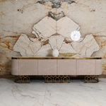 Luxury TV Stand with Textured Upholstered Panels Geometric Stainless Steel Base and Spacious Cabinet Storage